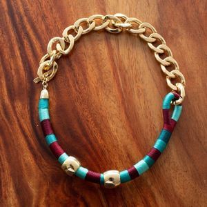 Handmade colorful necklace gold plated heavy new blue brown